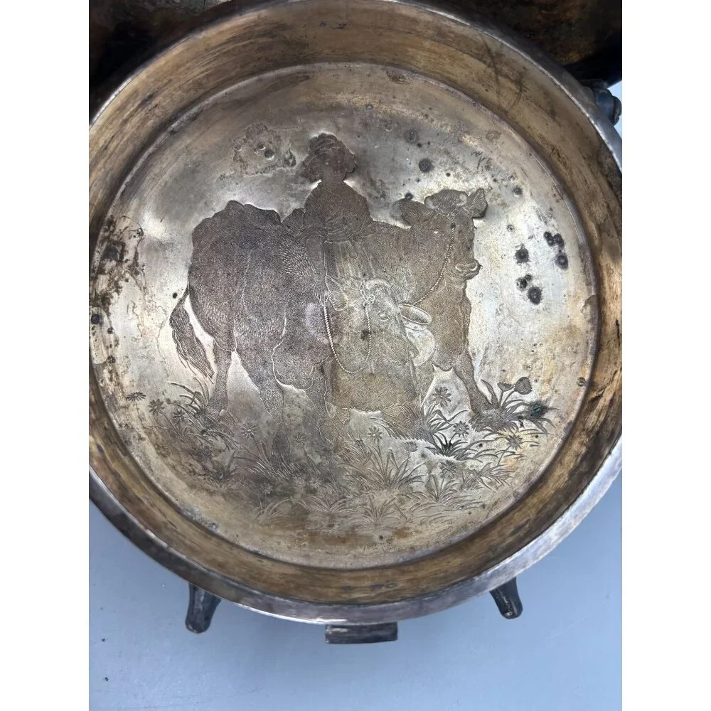 1880s Butter Dome Wilcox Silverplate Meriden Quadruple Cows Maiden Footed